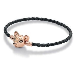 Pandora Rose Gold Lion Princess Bracelet Amber Zirconia & Black Enamel Leather